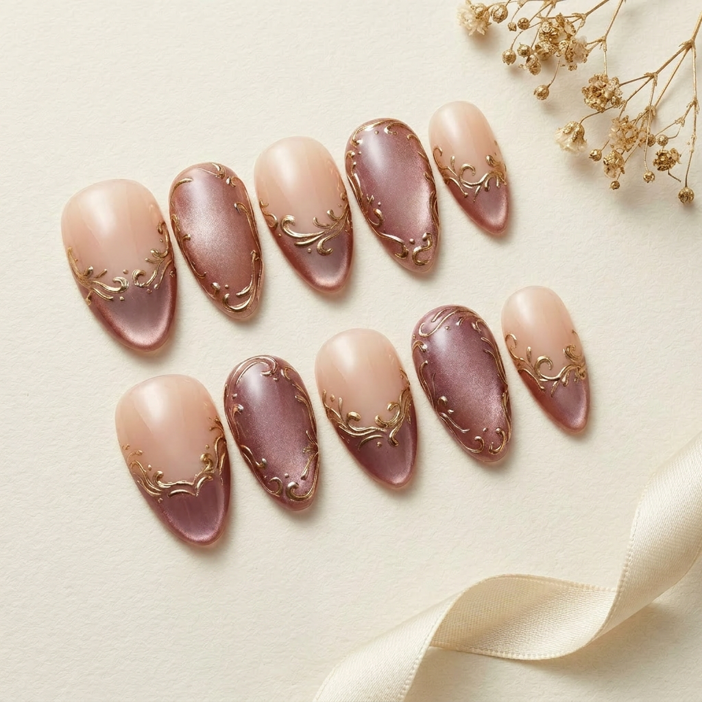 Rose gold cat eye nails - Handmade Press Ons