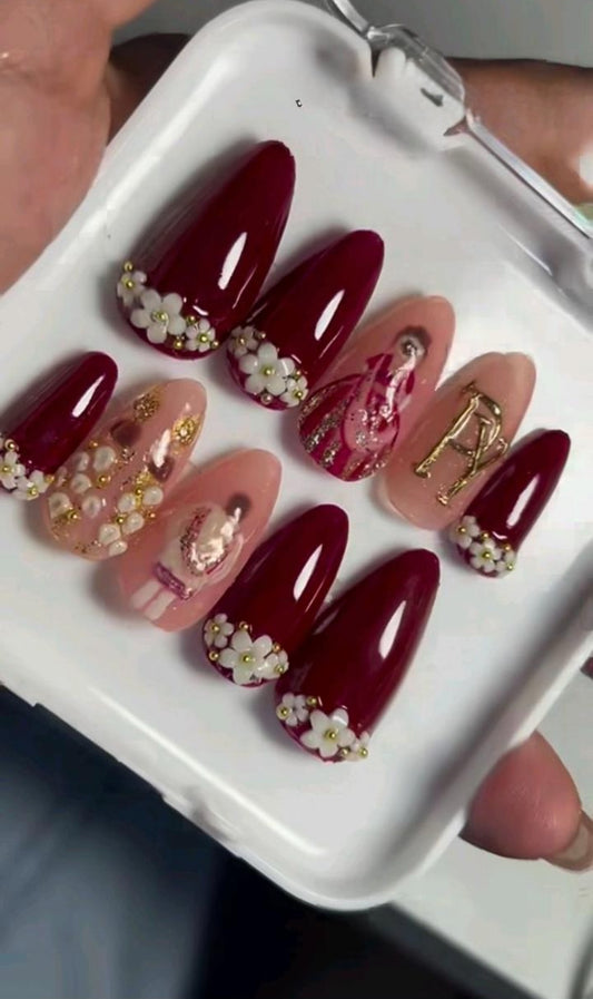 Karvachauth nails with 3-d flowers