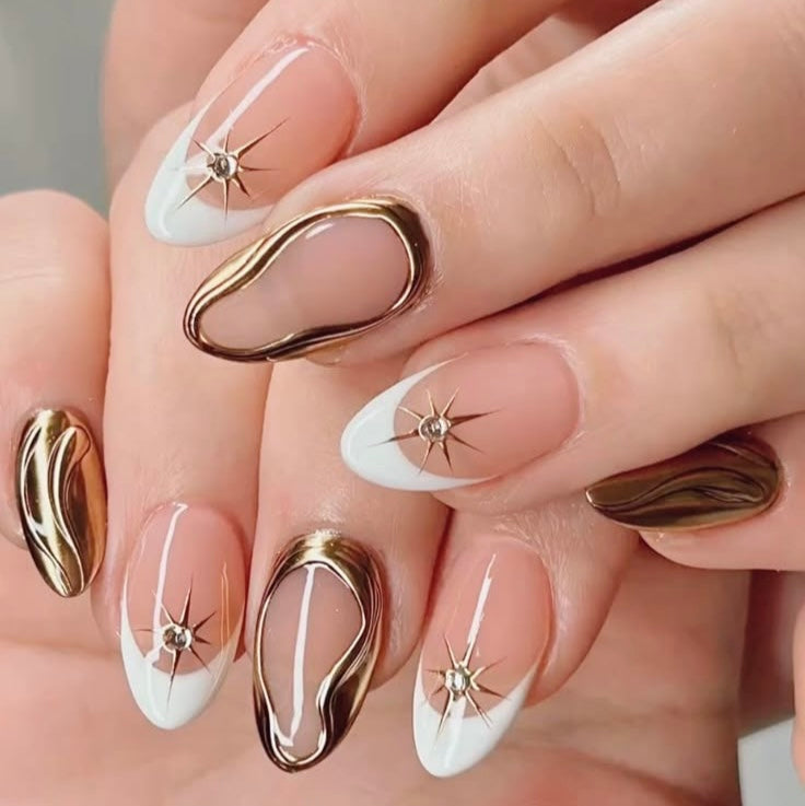 White - golden metallic nails