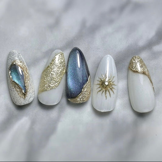 White - blue cat eye nails