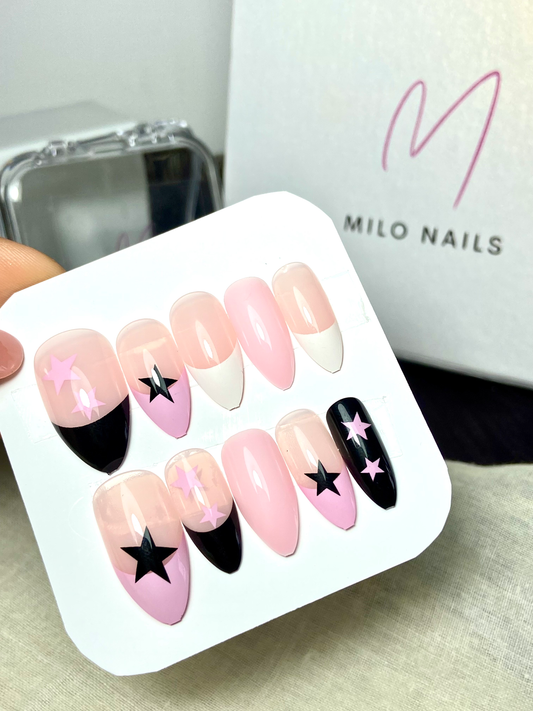 Pink-black star nails (24pcs)