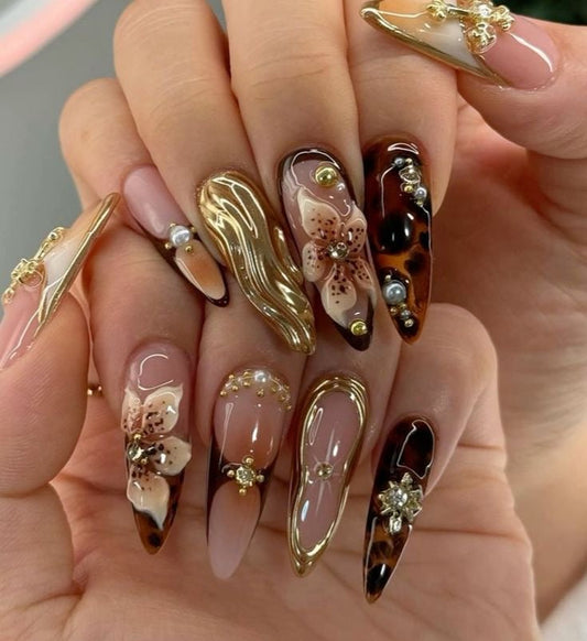 Brown 3-d flowers metallic nails