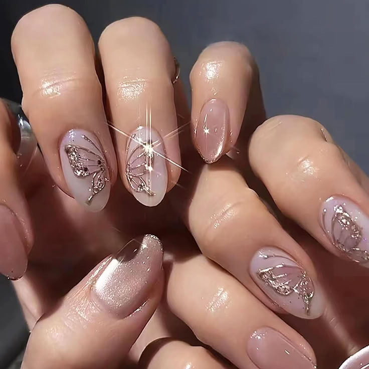 Butterfly nude chrome nails