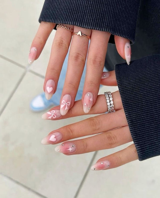 Korean pink aura nails with bow