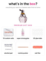 What's in the box - 10 custom nails, glue, glue tabs, alcohol pad, cuticle pusher, filer