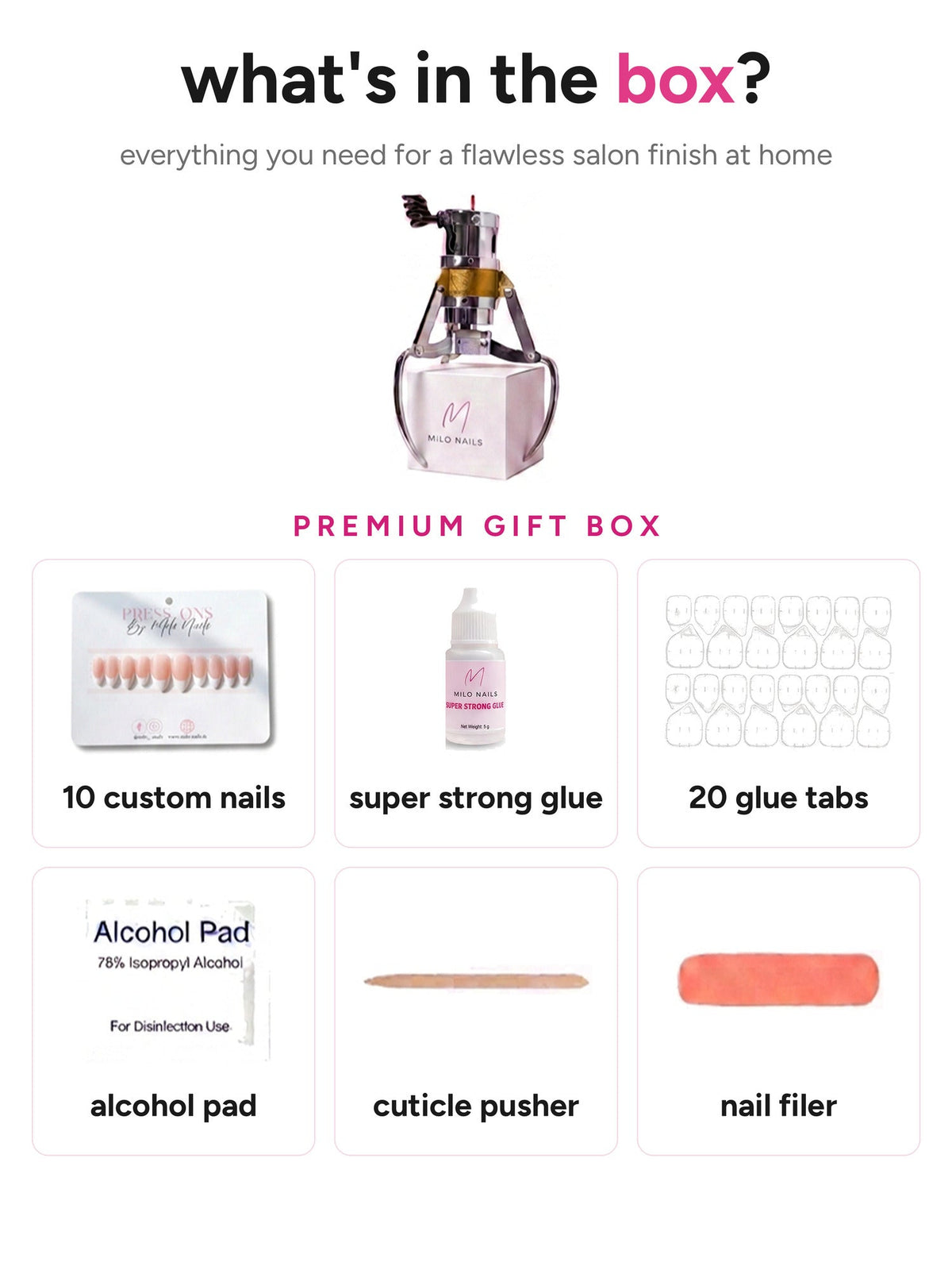 What's in the box - 10 custom nails, glue, glue tabs, alcohol pad, cuticle pusher, filer