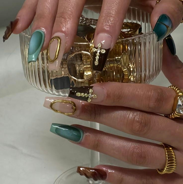 Olive green cross ombre nails