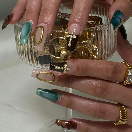 Olive green cross ombre nails