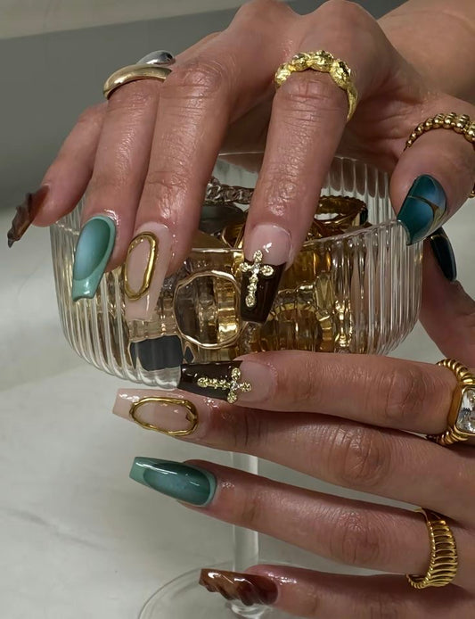 Olive green cross ombre nails