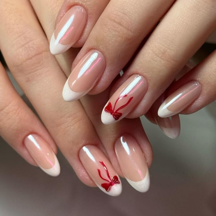 Pink french with bow nails