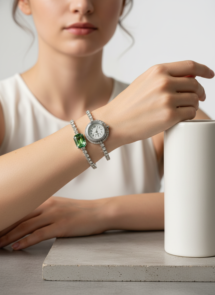Emerald Elegance Diamond Watch Bracelet