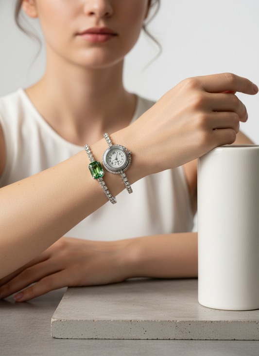 Emerald Elegance Diamond Watch Bracelet