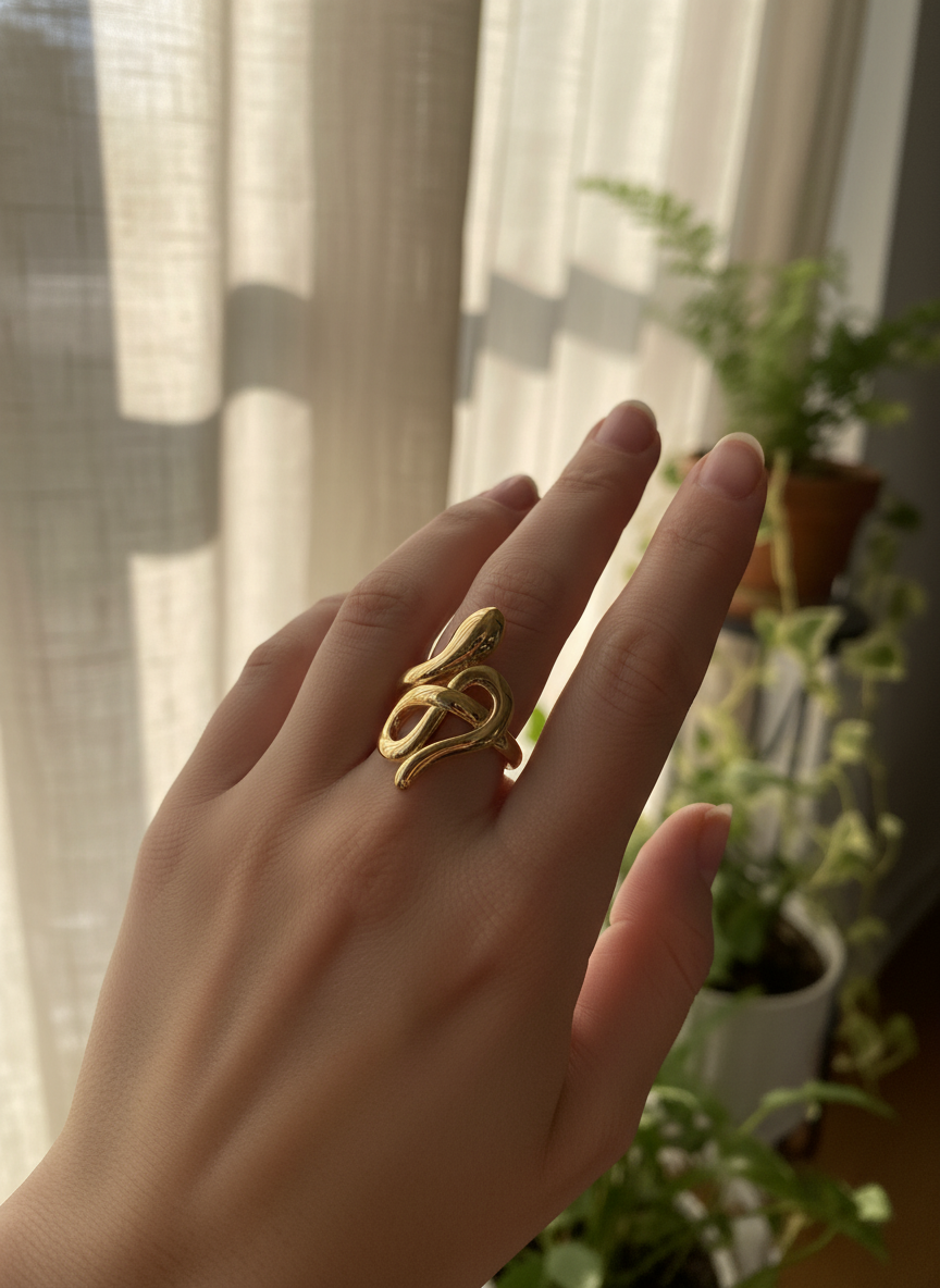 Golden snake cross Adjustable Ring – 18K Gold-Plated Feminine Charm