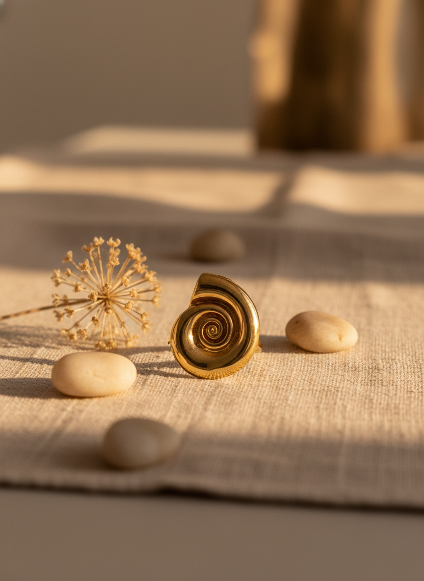 Golden round shell Adjustable Ring – 18K Gold-Plated Feminine Charm