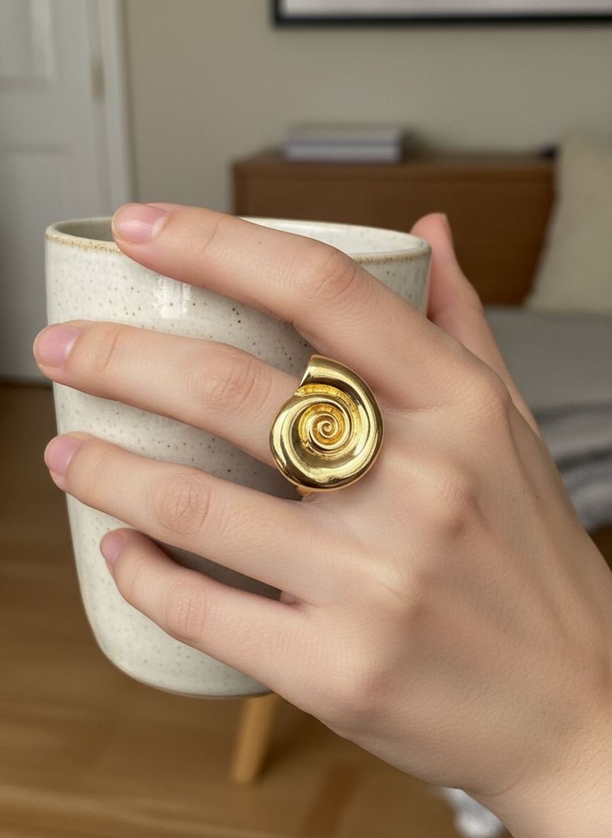 Golden round shell Adjustable Ring – 18K Gold-Plated Feminine Charm