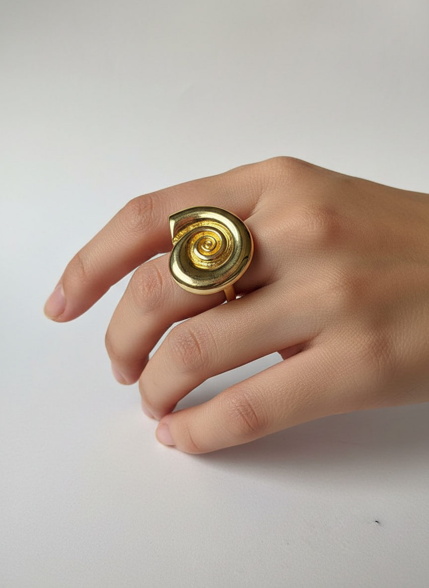 Golden round shell Adjustable Ring – 18K Gold-Plated Feminine Charm