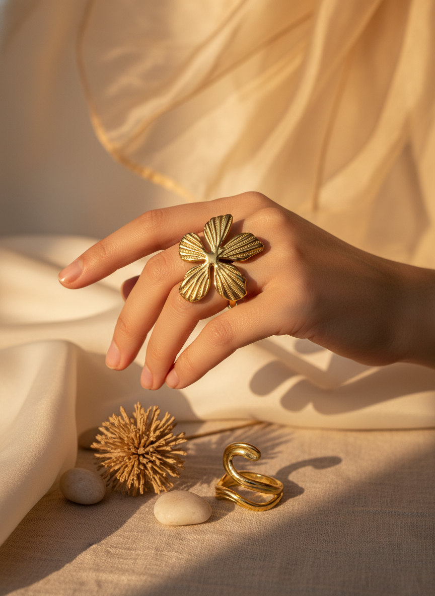 Golden beachy flower Adjustable Ring – 18K Gold-Plated Feminine Charm