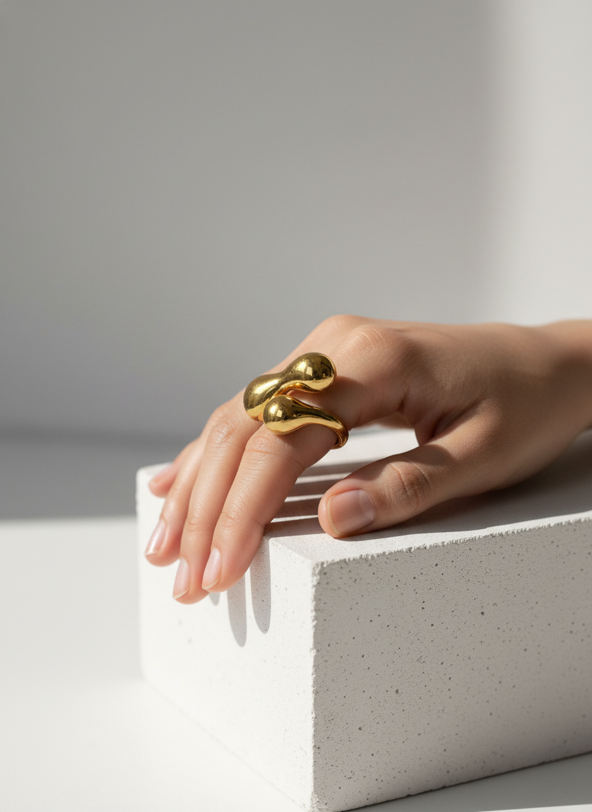 Molten Gold Teardrop Ring – 18K Gold-Plated Sculptural Design