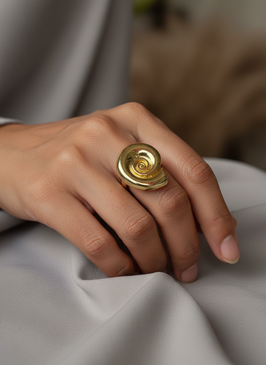 Golden round shell Adjustable Ring – 18K Gold-Plated Feminine Charm