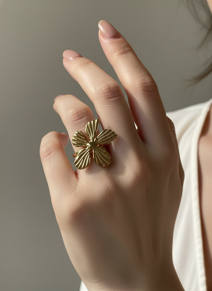 Golden beachy flower Adjustable Ring – 18K Gold-Plated Feminine Charm