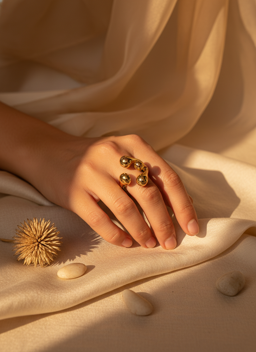 Golden Molten Drop Ring Adjustable Ring – 18K Gold-Plated Feminine Charm