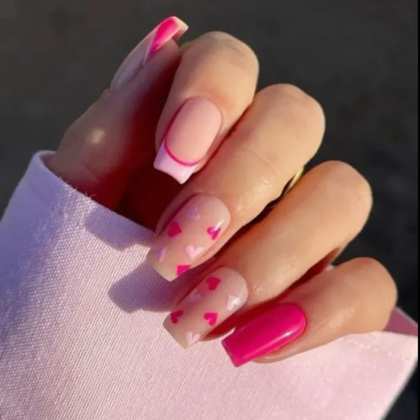 Pink hearts and Tips, Press on Nails. by Milo Nails