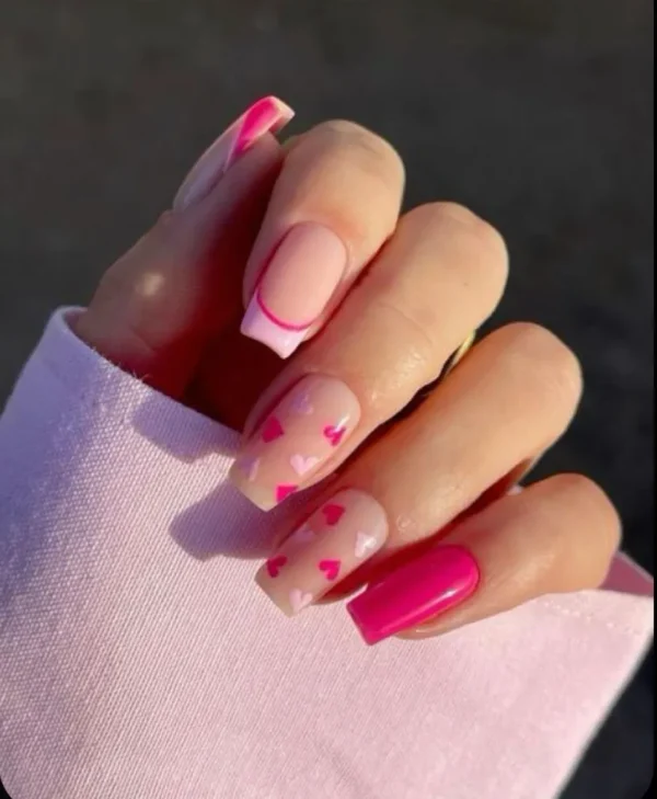 Pink hearts and Tips, Press on Nails. by Milo Nails