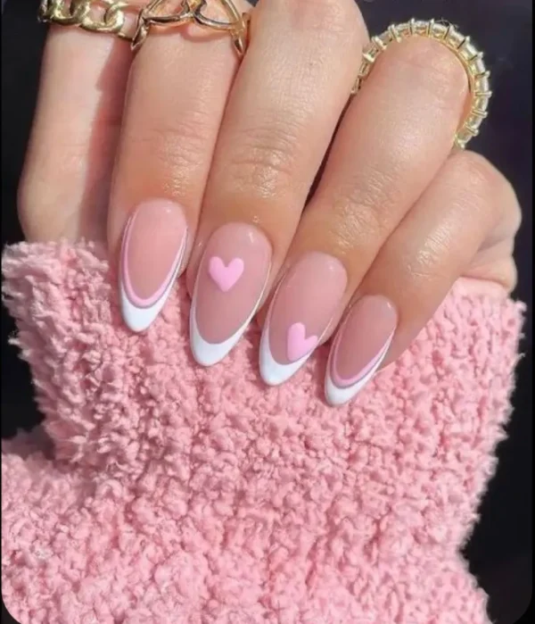 Double frenchies with Heart Nails, Press on Nails. by Milo Nails