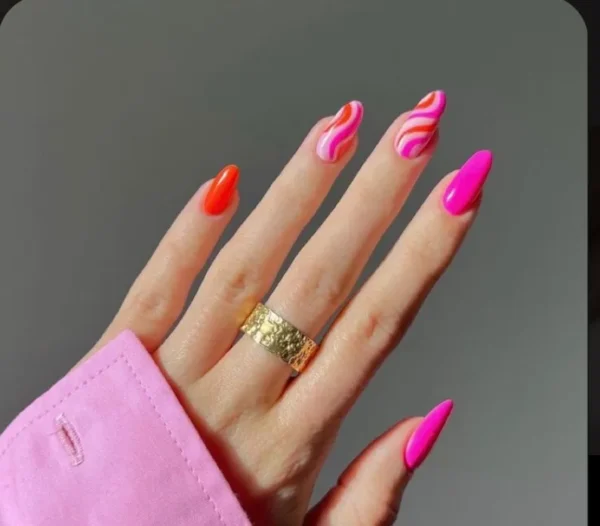 Hot pink - orange swirls, Press on Nails by Milo Nails